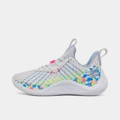 Big Kids' Under Armour Curry Flow 10 Basketball Shoes White/Electric Blue/Metallic Silver - 3026293 100