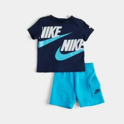 Boys' Infant Nike HBR T-Shirt And French Terry Cargo Shorts Set Navy/Aqua - 66J213 F85