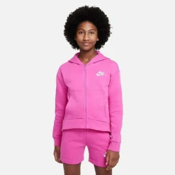Girls' Nike Sportswear Club Fleece Full-Zip Hoodie Active Fuchsia/White - DC7118Â 623